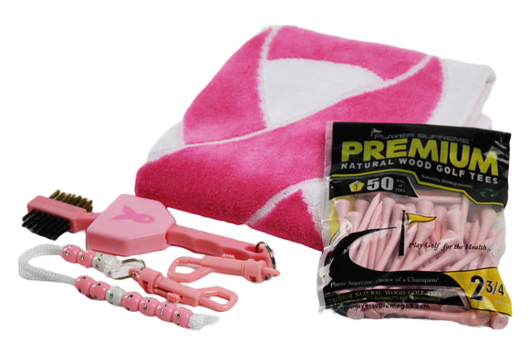 JP Lann Golf Essentials Kit - Breast Cancer Awareness | Pink Ribbon Towel | Pink Golf Brush w/Dual Head | Score Bead Counter w/Rhinestones | Pink Natural Wood Tees